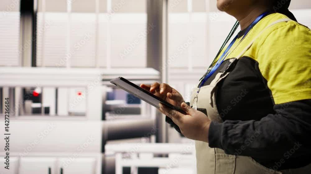 Poster engineer in smart factory oversees robotic assembly lines using tablet app, ensuring quality control