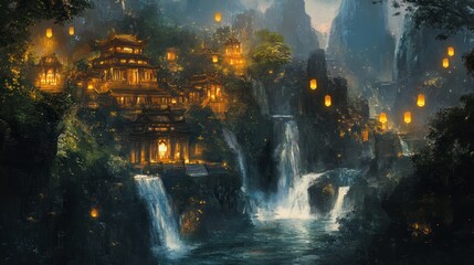 Fototapeta premium Illuminated Asian Temples Cascading Waterfalls and Floating Lanterns