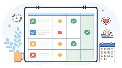 Illustrated productivity chart with colored task indicators and icons