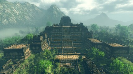 An ancient stone temple sitting amidst a green landscape environment