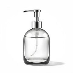Fototapeta premium Soap Dispenser – A 3D glass soap dispenser, sleek and modern, transparent with glossy polished surface, soft reflections, white background, icon illustration Generative AI