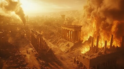Fototapeta premium Fallen Kingdom of Watchers lies ruin testament pride rebellion Shattered columns crumbled walls in a sand art sketch depict ancient decay and lost glory echoing the Book of Enoch Style sand art sketch