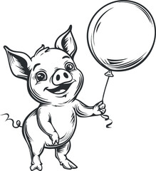 A cheerful cartoon pig holding a balloon, perfect for children's illustrations and festive designs.