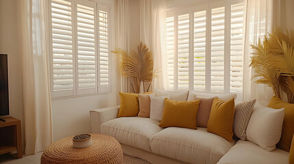 Bright And Cozy White Living Room With Yellow Accents