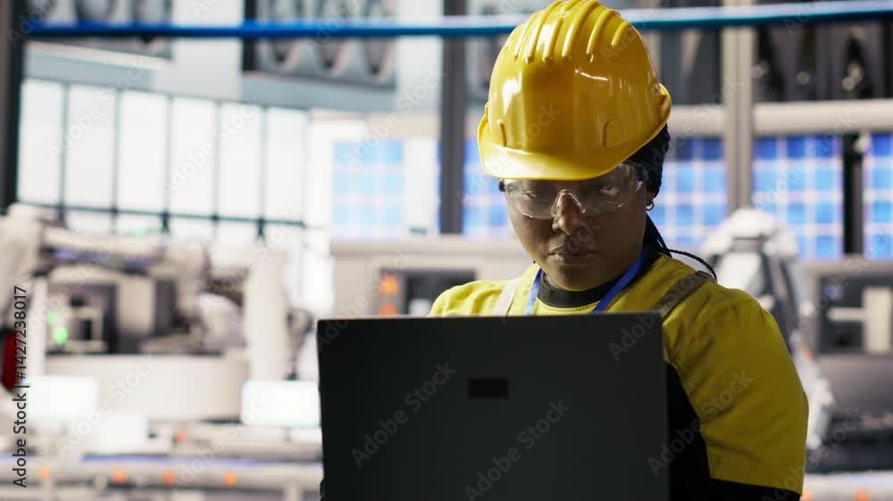 Aufkleber portrait of smiling solar panels factory engineer analyzing data on laptop to predict gear failures.