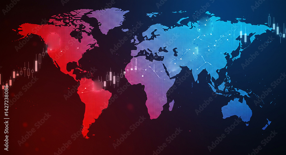 Aufkleber a world map with a red and blue gradient overlay and financial chart elements on a dark background