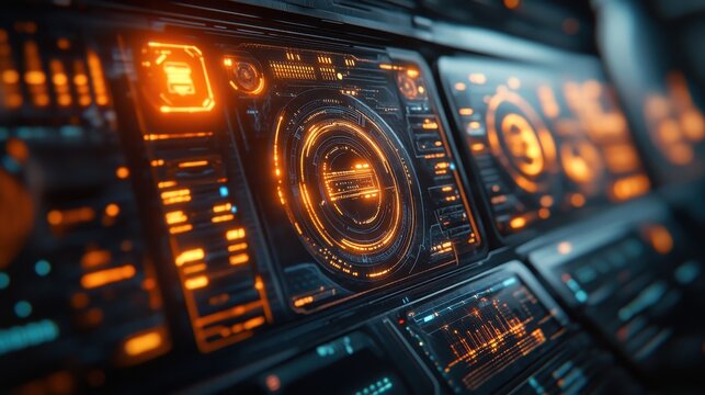 Futuristic spaceship control panel displays data; dark background