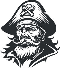 A vintage pirate illustration featuring a fearsome character with a skull and crossbones hat.
