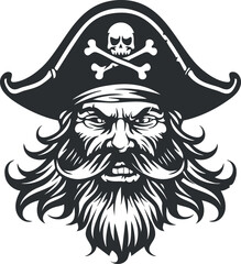 A fierce pirate with a skull and crossbones hat and a distinctive beard illustration.