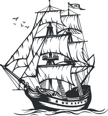 A vintage sailing ship with multiple sails navigating the ocean waves under a clear sky.