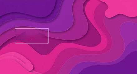 Abstract layered background with wavy shapes in shades of pink and purple with white rectangle frame