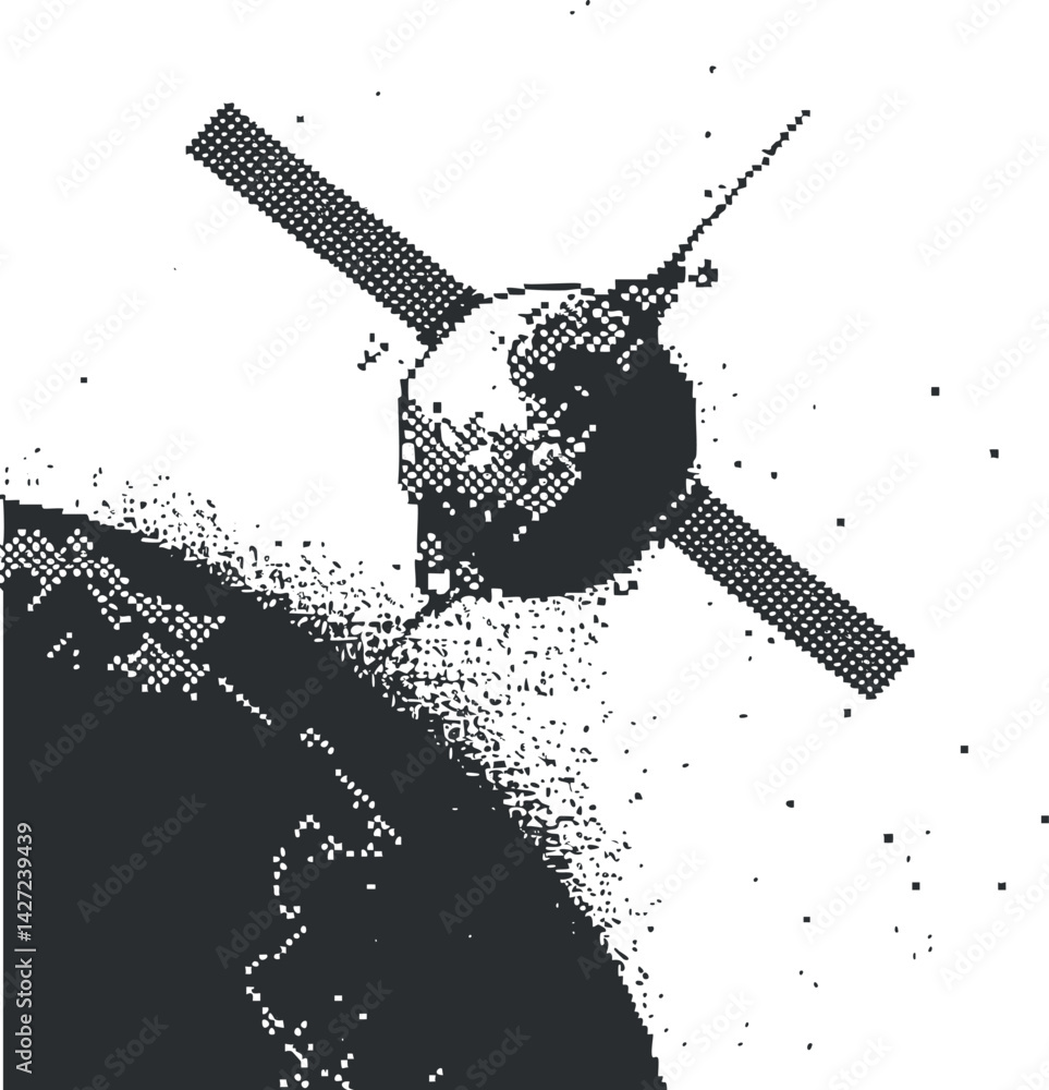 Poster a retro-style illustration of a satellite orbiting a planet in outer space.