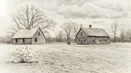 Obraz premium Historic Rural Landscape With Stone And Log Houses