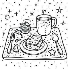 A whimsical breakfast illustration featuring a plate with food and a cup of coffee.