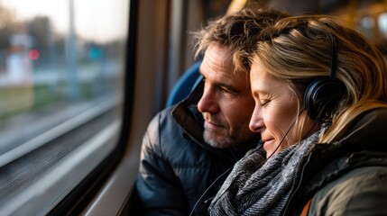 Obraz premium Relaxing middle-aged couple enjoying music together on train ride with headphones closed eyes