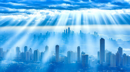 Fototapeta premium Sun rays breaking through clouds over a hazy city skyline; ideal for hope, optimism, and future concepts