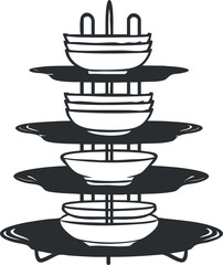 Illustration of stacked plates and bowls in a kitchen or dining setting for culinary use.