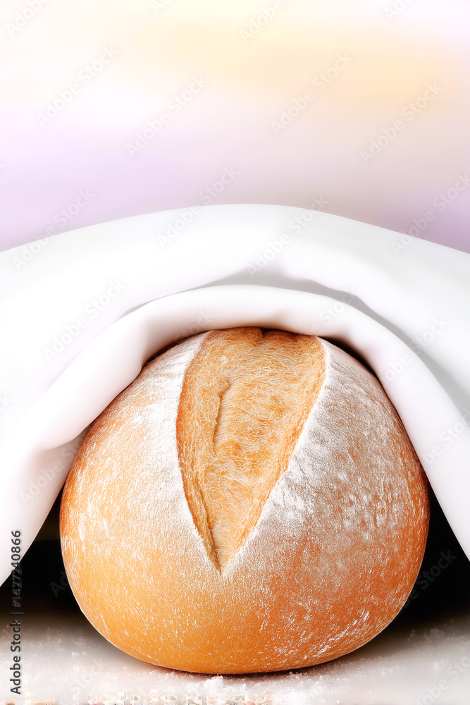 Poster small round wheat loaf with soft crust placed on clean white backdrop. minimalist style creating ele