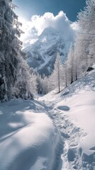 Obraz premium A snowy mountain landscape with a trail through a forest