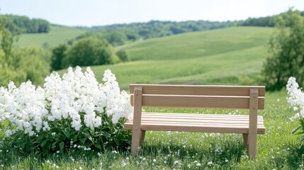 Fototapeta premium A wooden bench surrounded by blooming white flowers in a serene countryside setting, lush green hills in the background, and peaceful and tranquil atmosphere.