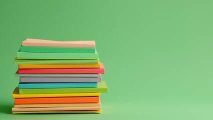 Fototapeta premium Tall stack of colorful books against a vibrant green wall. A modern, bright visual for World Book Day, libraries, classrooms, and reading campaigns.