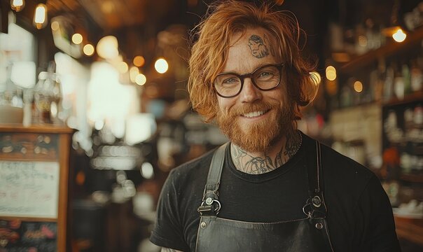 A smiling, tattooed redhead in glasses, wearing an apron, stands in a warmly lit coffee shop