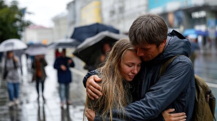 Emotional embrace of a young couple in rain on city street, supporting each other under umbrellas