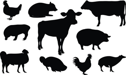 A collection of farm animal silhouettes including cows sheep pigs and chickens on a white background