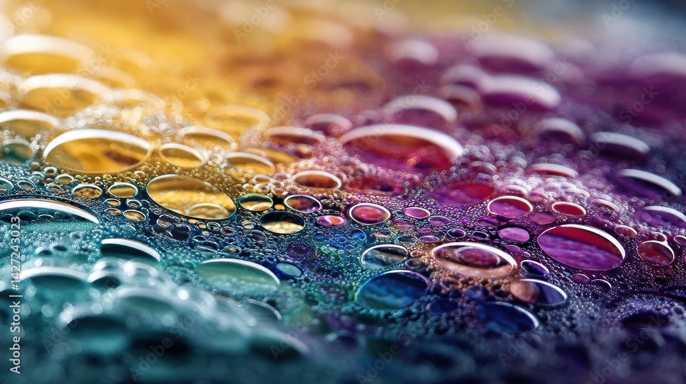 Poster Vibrant Soap Foam Reveals Colorful Reflections in a Macro View Showcasing Intricate Patterns and Textures During Bright Lighting Conditions