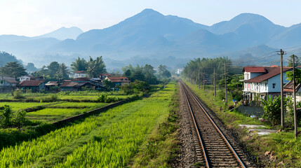 Train Tracks Through Lush Green Fields And Misty Mountains