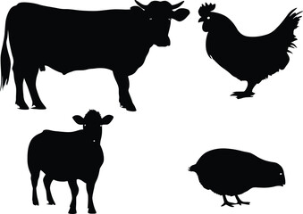 Farm animals silhouettes including a cow a sheep a chicken and a chick on a white background