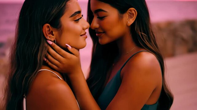 Two young latina women gaze into each other&rsquo;s eyes with hands gently touching faces, standing on beach at golden sunset with warm pink sky and ocean in background Concept of queer romance 