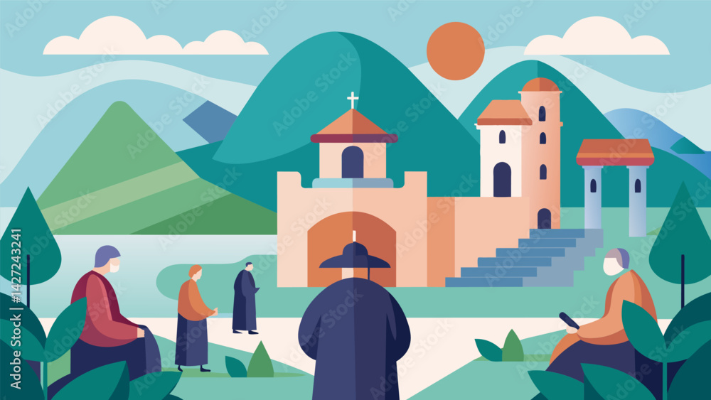 Poster a tranquil monastery where guests can immerse themselves in the slow pace of monastic life and delve
