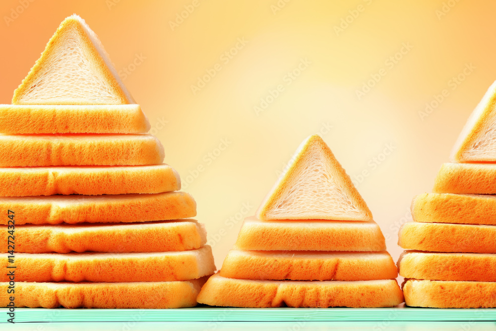 Poster triangle-cut sandwich breads are neatly layered on a white surface with a warm gradient background. 