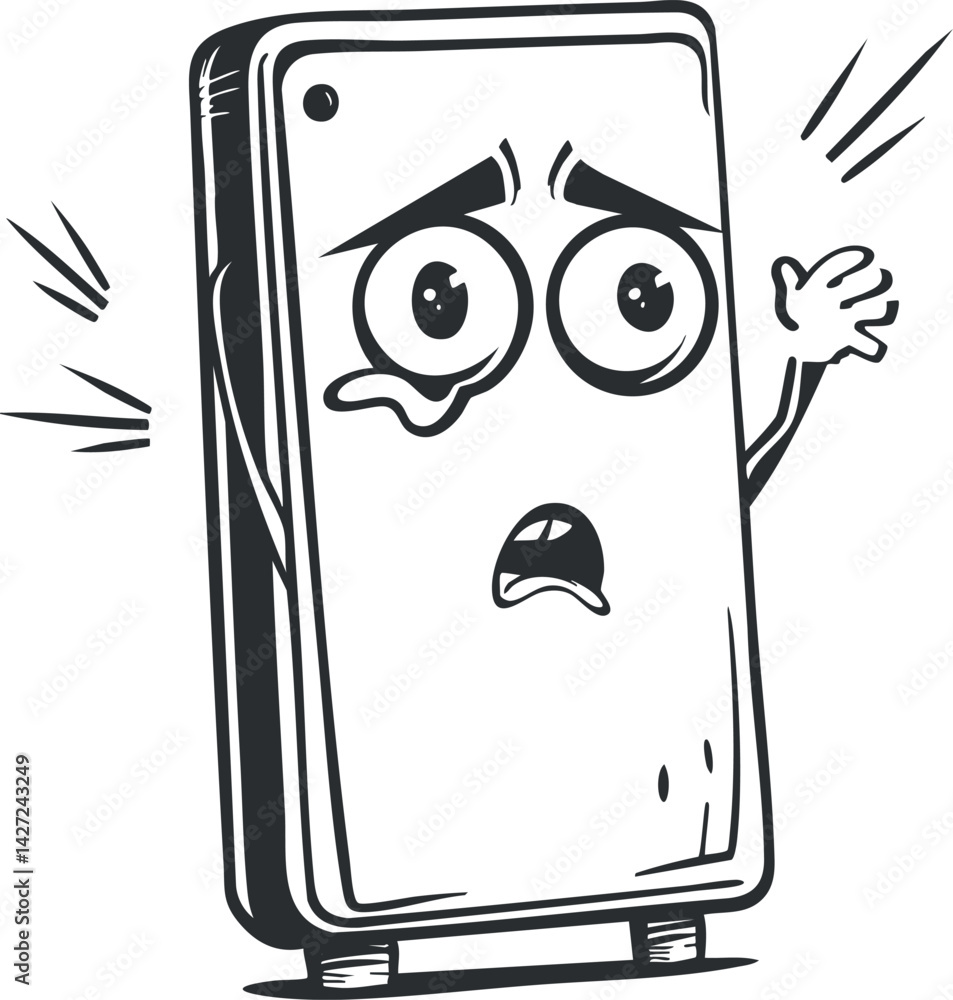 Poster a cartoon smartphone character displaying a surprised expression with hands raised in shock.