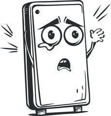 A cartoon smartphone character displaying a surprised expression with hands raised in shock.