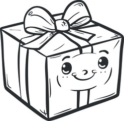 A cheerful cartoon gift box with a smiling face and a bow on top.