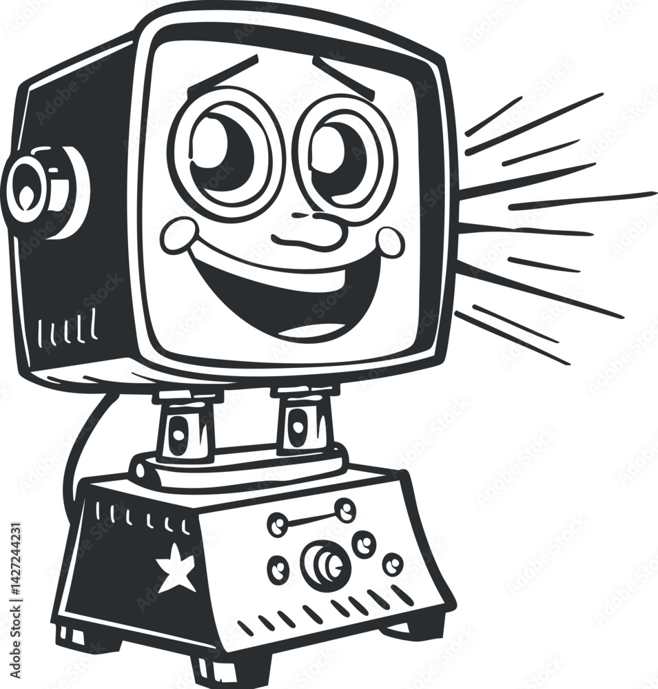 Poster A cheerful cartoon computer character with a smiling face and expressive features.