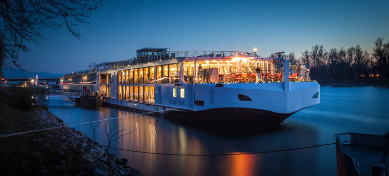Viking River cruise ship at dusk