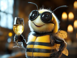 A cheerful bee, wearing sunglasses, enjoys a glass of bubbly drink in a dimly lit setting