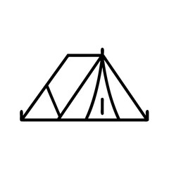 Minimalist line icon of classic camping tent with pitched roof, black outline on white background, outdoor shelter and hiking adventure symbol