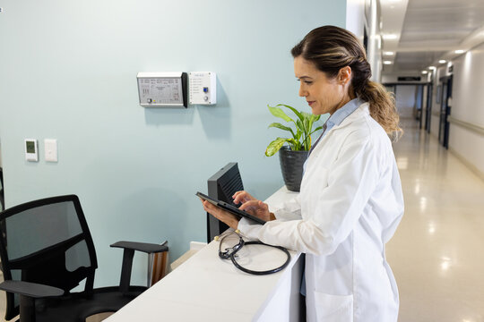 Doctor using tablet at hospital reception desk, with stethoscope and potted plant, copy space