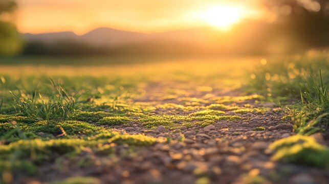 Close-Up of Grass on Ground with Sunset Light and Blurry Background