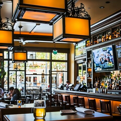 Obraz premium Casual Restaurant Interior Patrons enjoying drinks and food near a bar with large windows overlooking a sunny city street, ideal for lifestyle and restaurant promotions