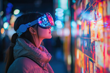 A woman wearing a virtual reality headset in a futuristic setting, exploring a digital world.