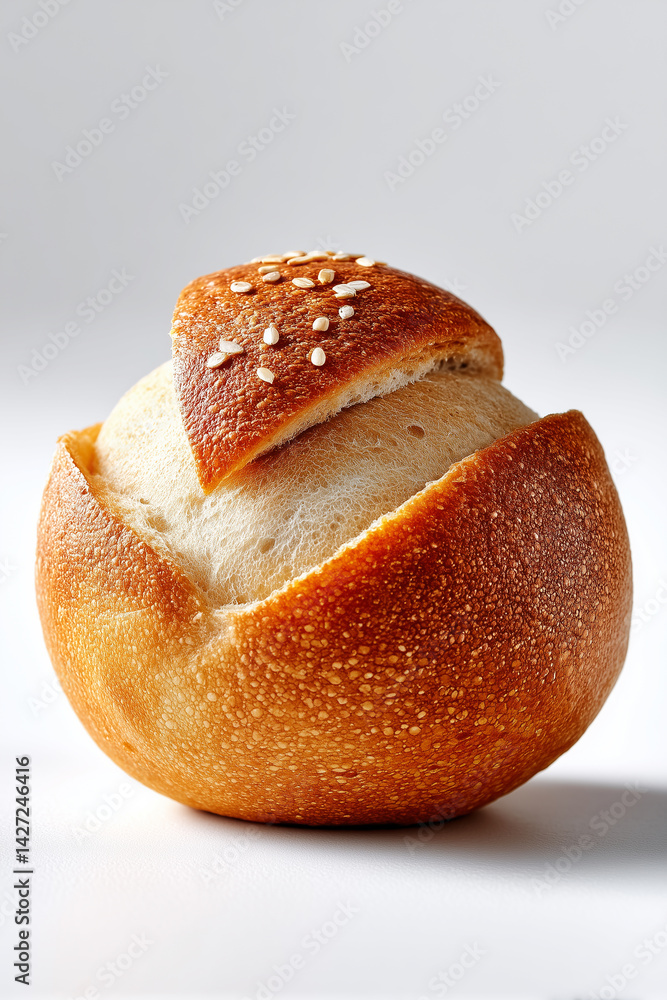 Poster round wheat loaf with soft crust resting on clean white backdrop. simple and elegant setting highlig