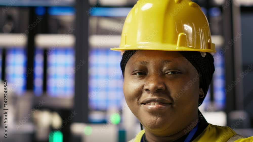 Poster happy engineer in smart photovoltaics factory looking at system performance metrics. smiling worker 