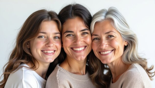 Familia. Abuela, nieta y madre, retrato, demostr&aacute;ndose afecto, primer plano sobre fondo blanco. Celebrando el d&iacute;a de las madres.
