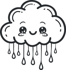 A cute cartoon cloud character with a smiling face and playful raindrops.