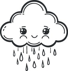 A cute cartoon cloud with a smiling face and raindrops falling below it